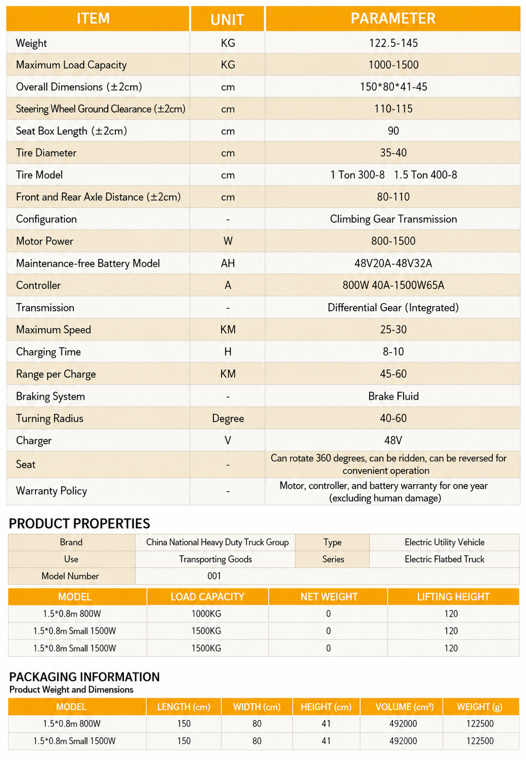 Electric Flatbed Cart specification sheet