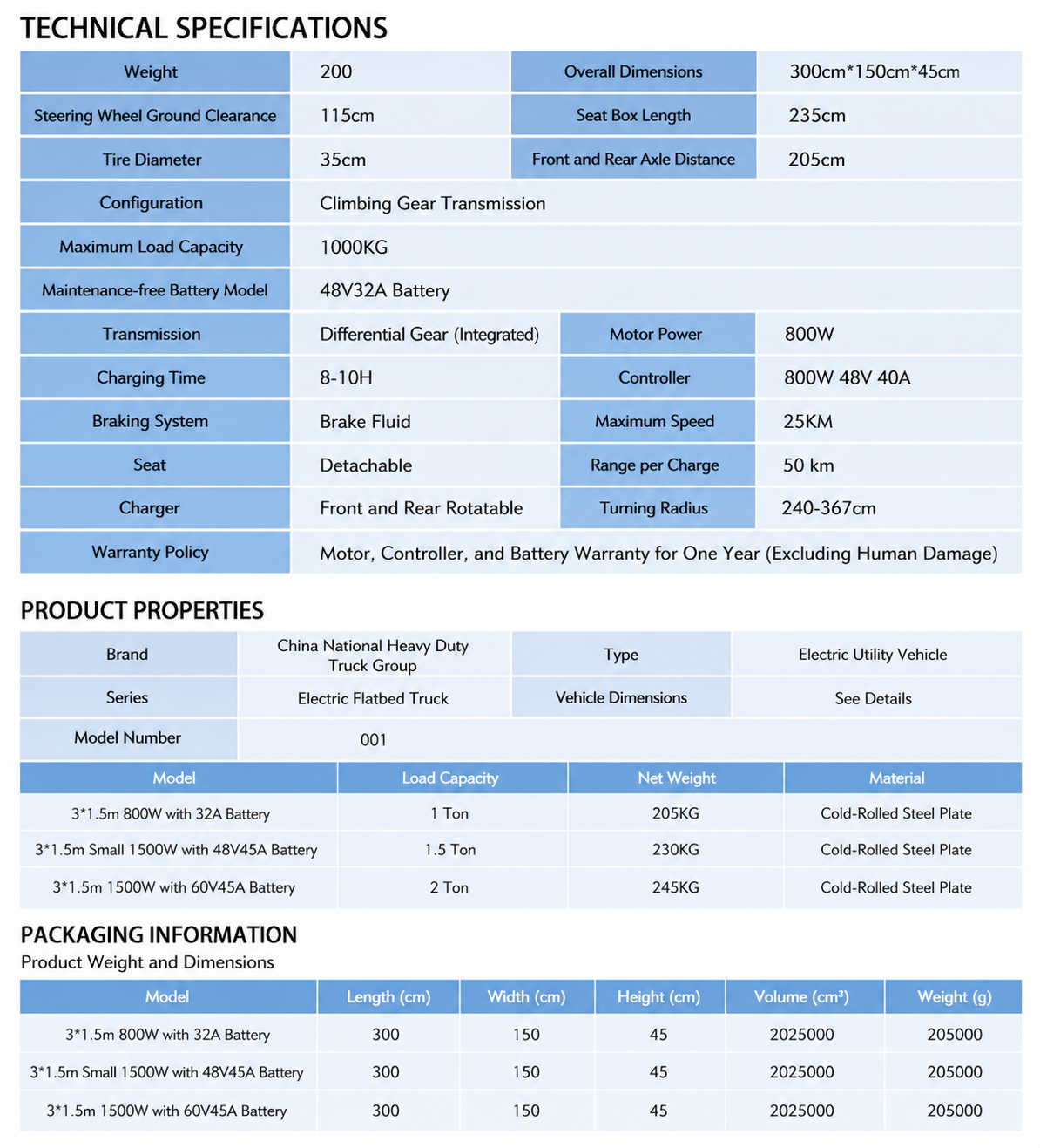 Electric Transport Cart specification sheet