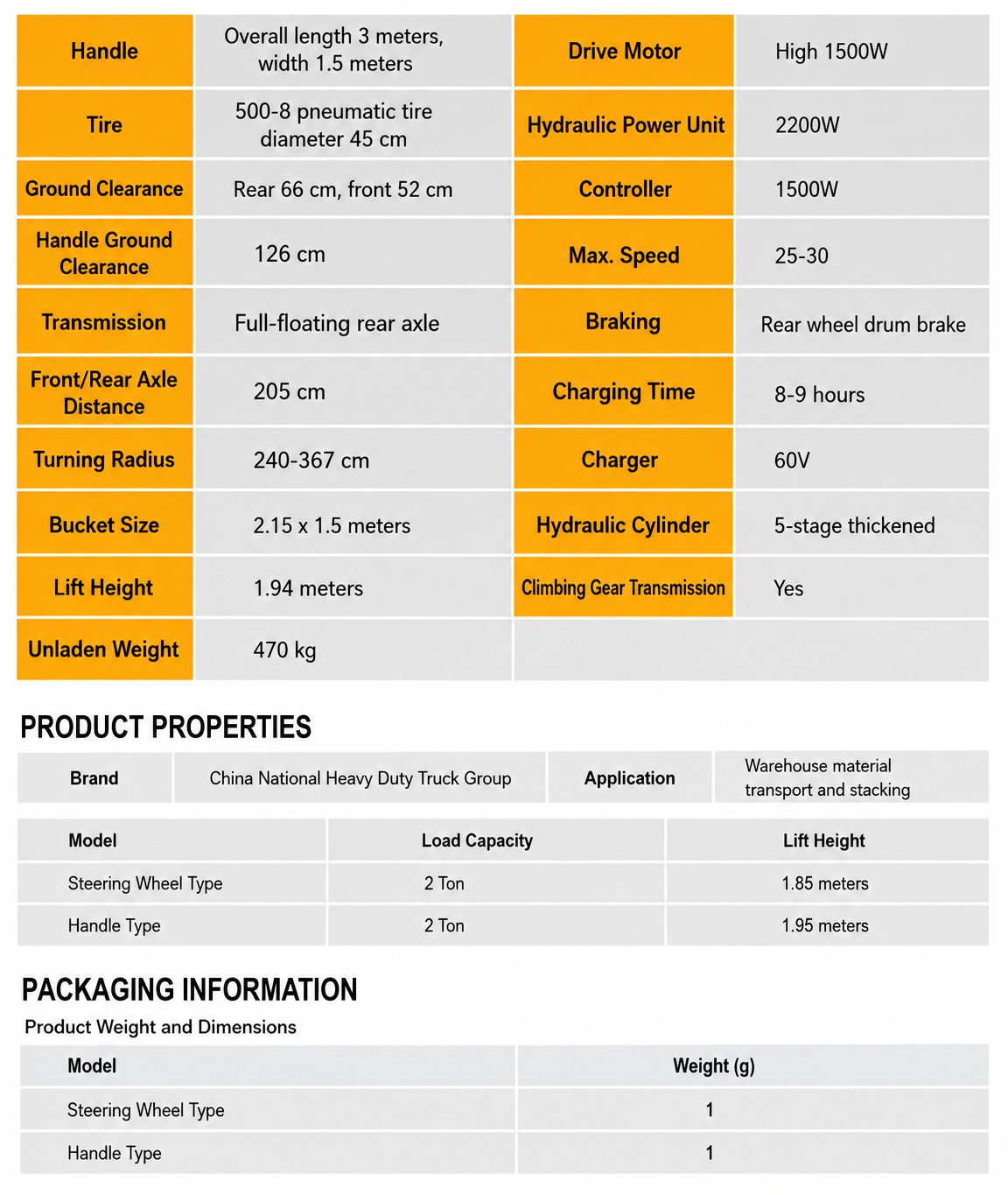 Electric Lift Platform Cart specification sheet