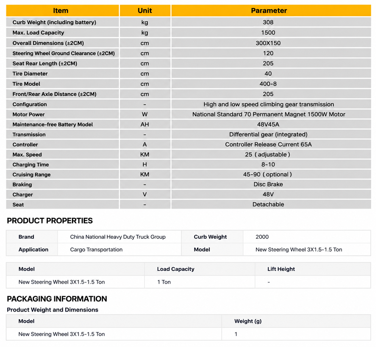 Steering Wheel Electric Cart 1.5T specification sheet