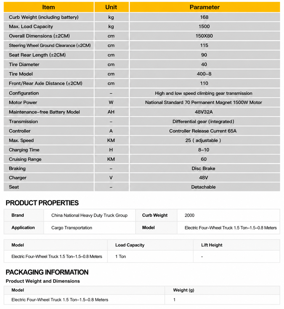Electric Flatbed Cart 1.5T specification sheet