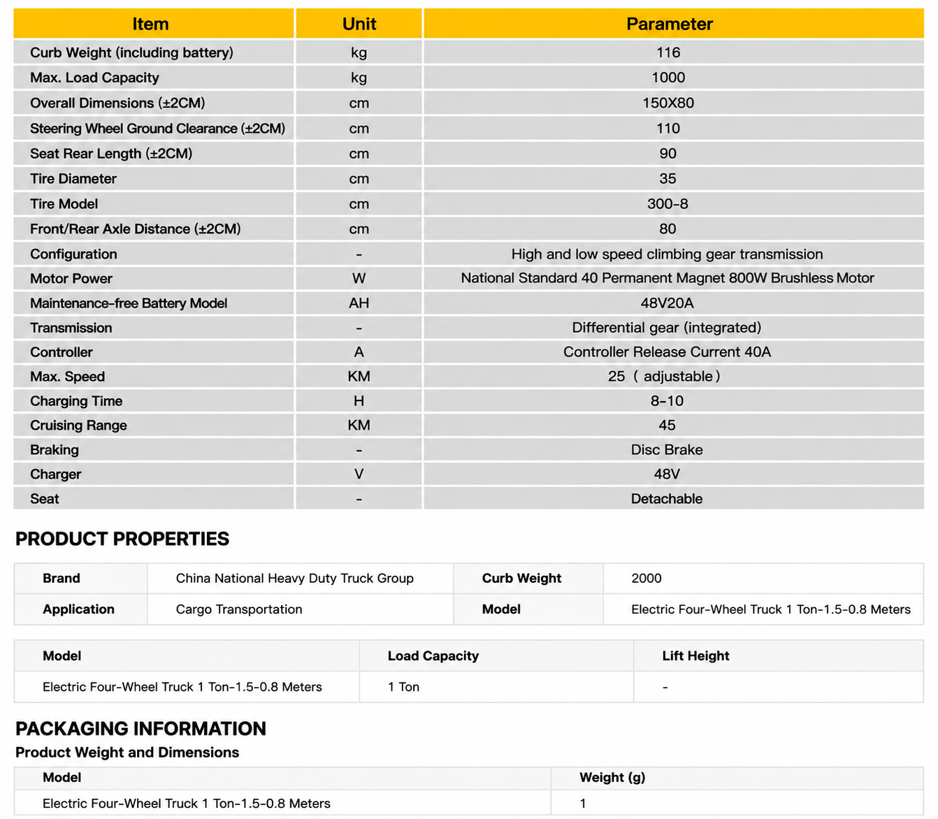 Electric Flatbed Cart 1T specification sheet