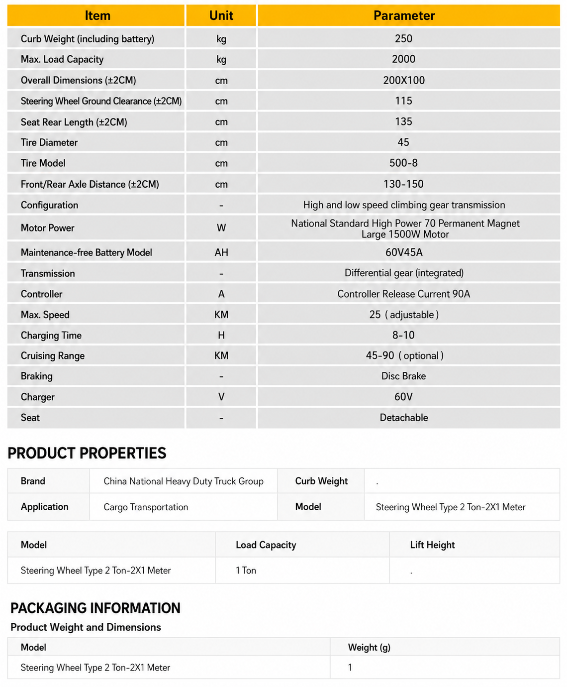 Handlebar Electric Cart 2T · 2×1 m specification sheet