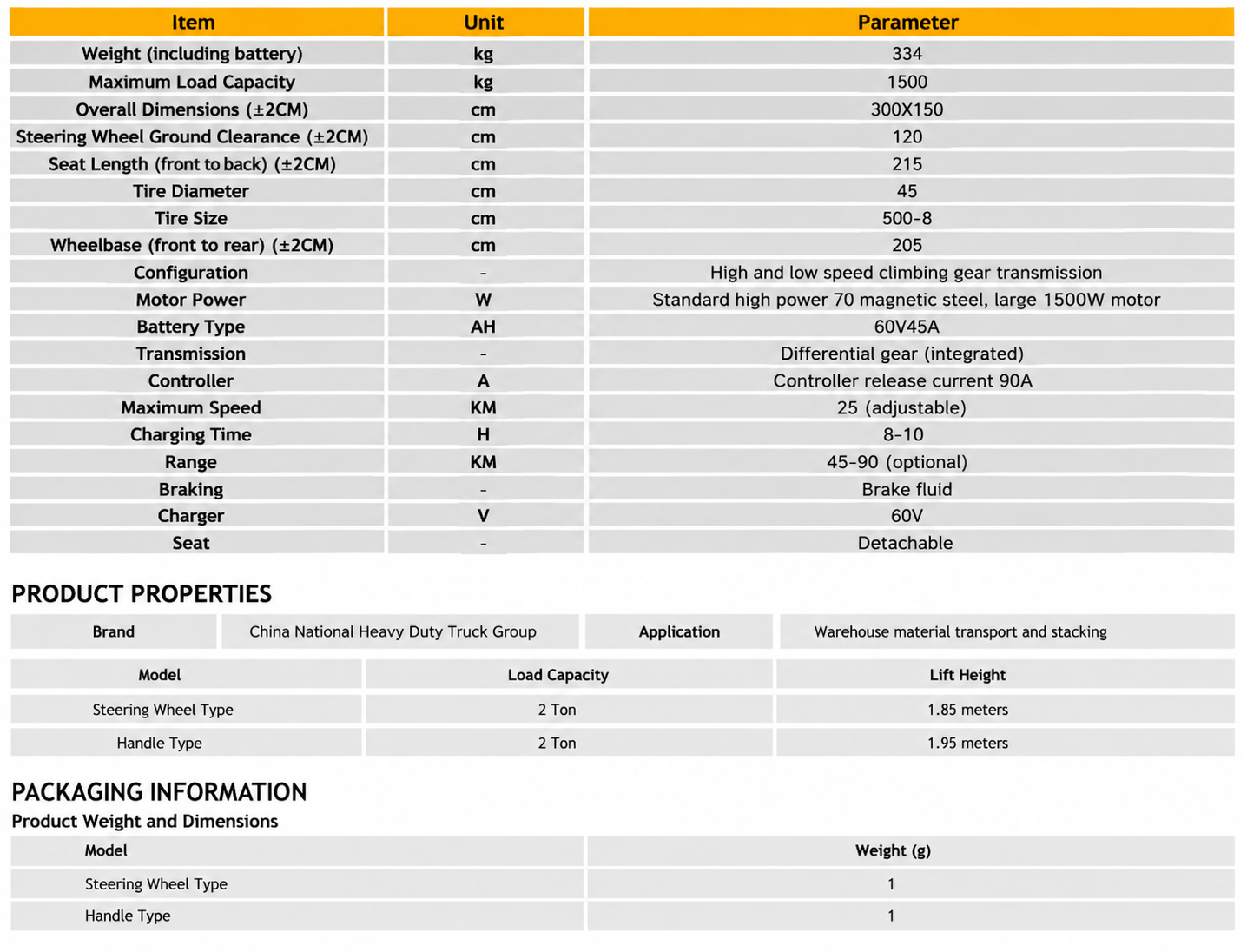 Steering Wheel Electric Cart 2T · 3×1.5 m specification sheet