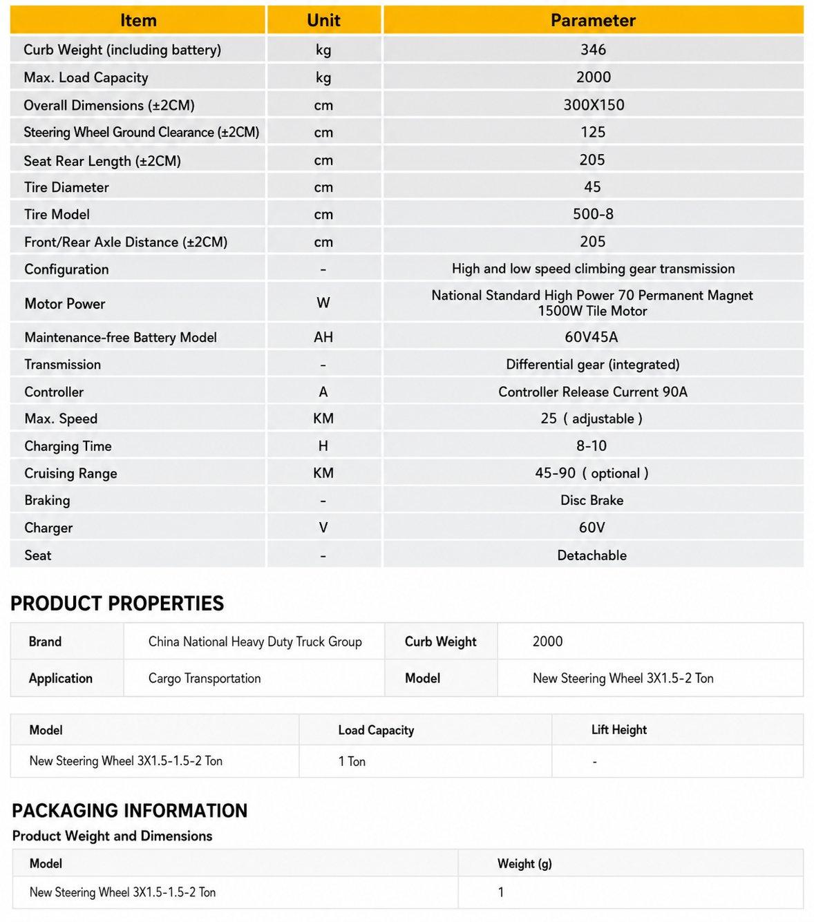 Steering Wheel Electric Cart 2T specification sheet